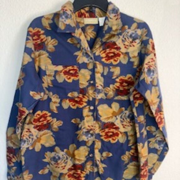 Vintage late 90s Liz Claiborne Lizwear floral blue and brown button down top - Picture 1 of 5
